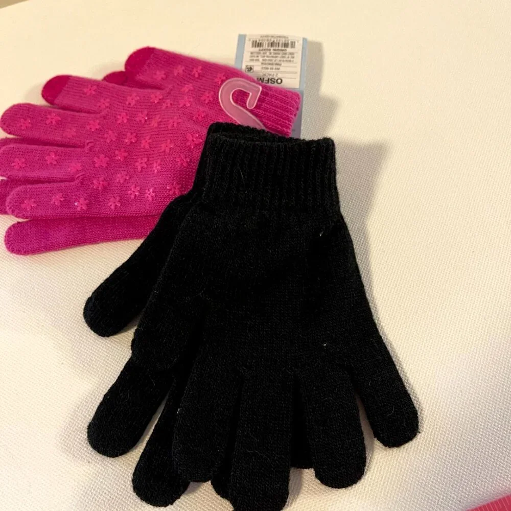Cat & Jack Girls One Size Black Pink Knit Tech Touch Gloves 2 Pack NWT